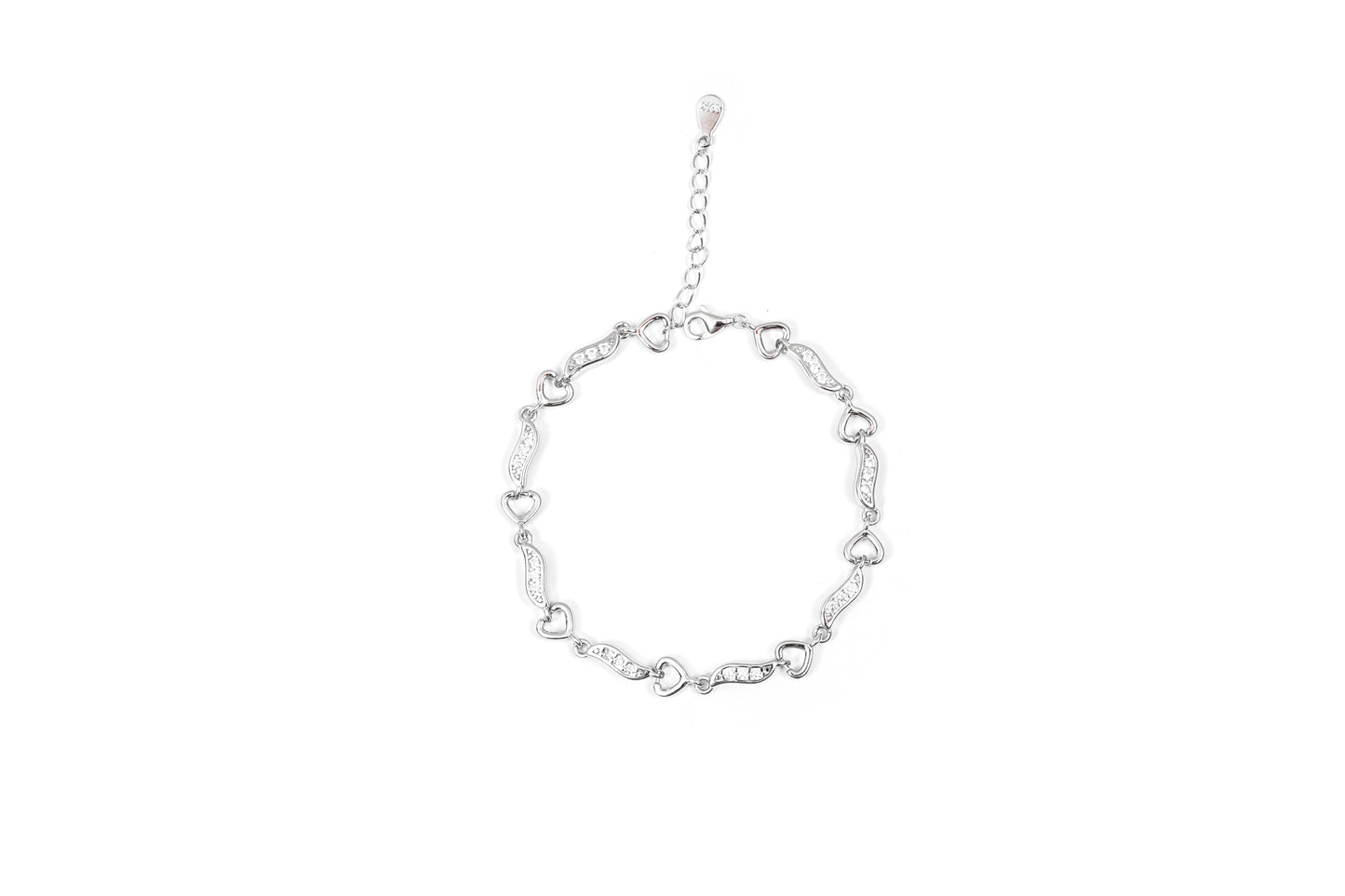 Heart & Crystal Silver Link Bracelet-925 Sterling Silver-ERAYA Jewellery