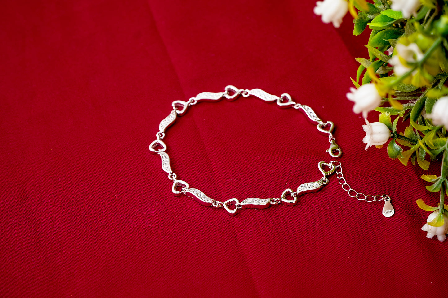 Heart & Crystal Silver Link Bracelet-925 Sterling Silver-ERAYA Jewellery