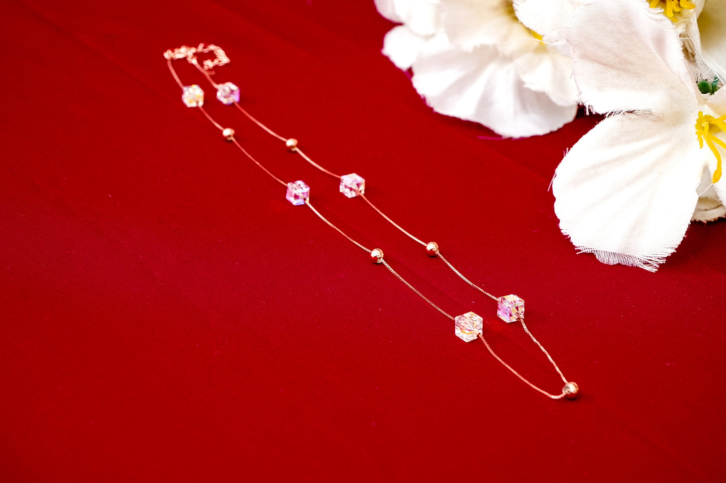 Crystal Cube Station Rose-Gold Chain-925 Sterling Silver-ERAYA Jewellery