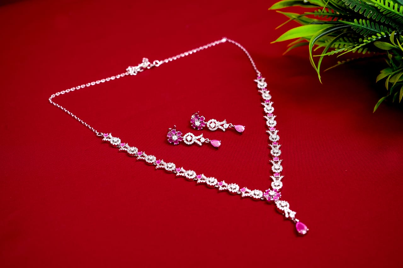 Pink Stone Floral Necklace-925 Sterling Silver-ERAYA Jewellery