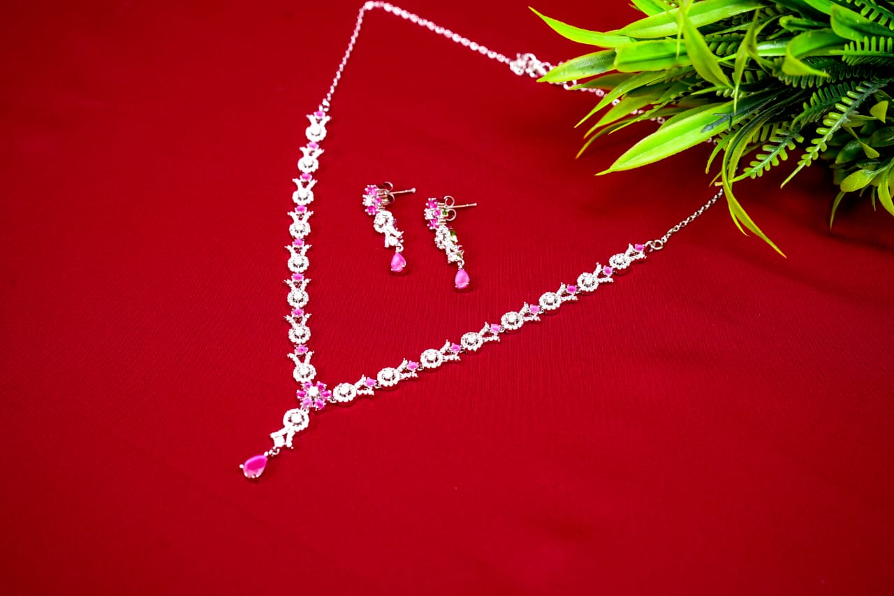 Pink Stone Floral Necklace-925 Sterling Silver-ERAYA Jewellery