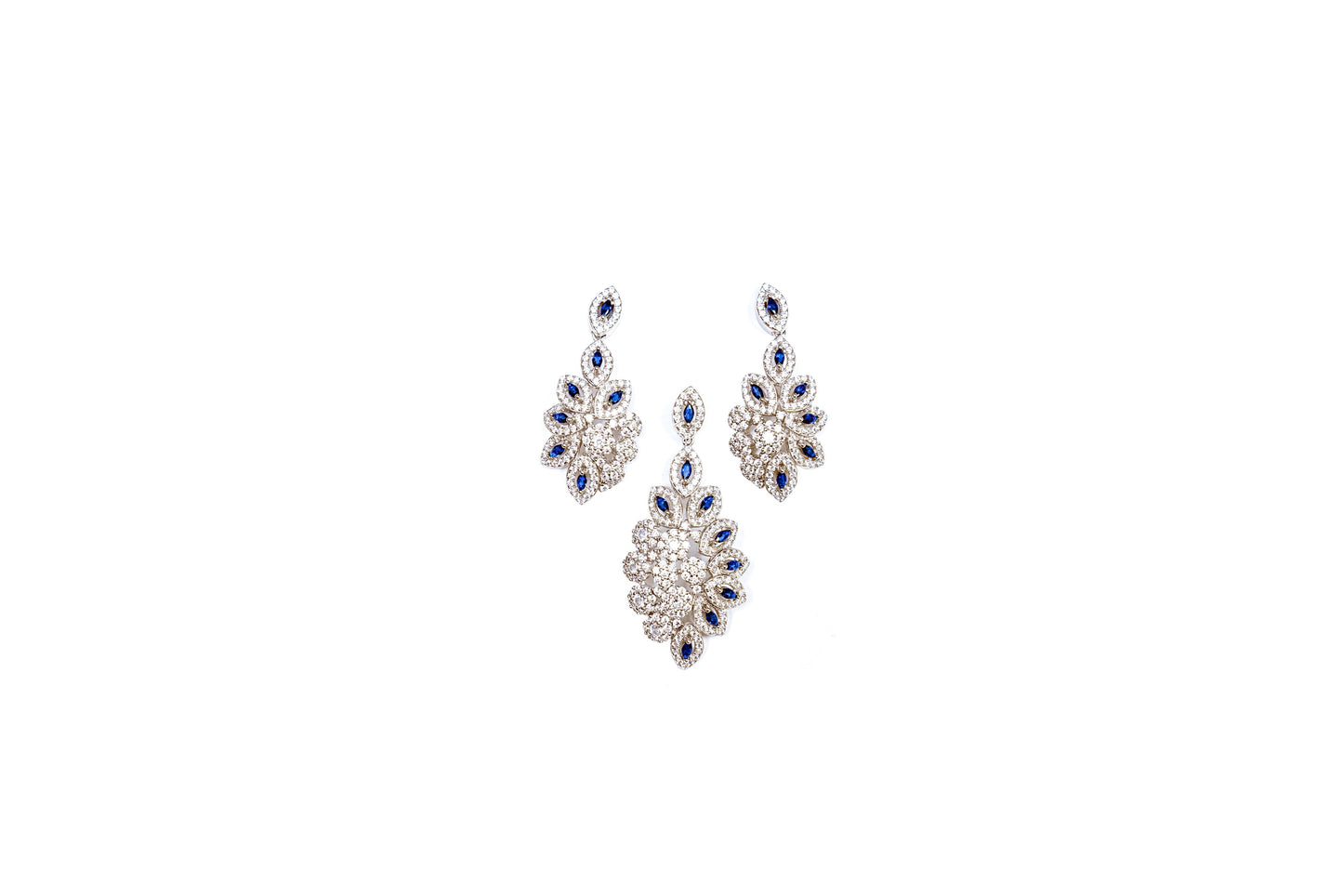 Blue & White Floral Pendant Set-925 Sterling Silver-ERAYA Jewellery