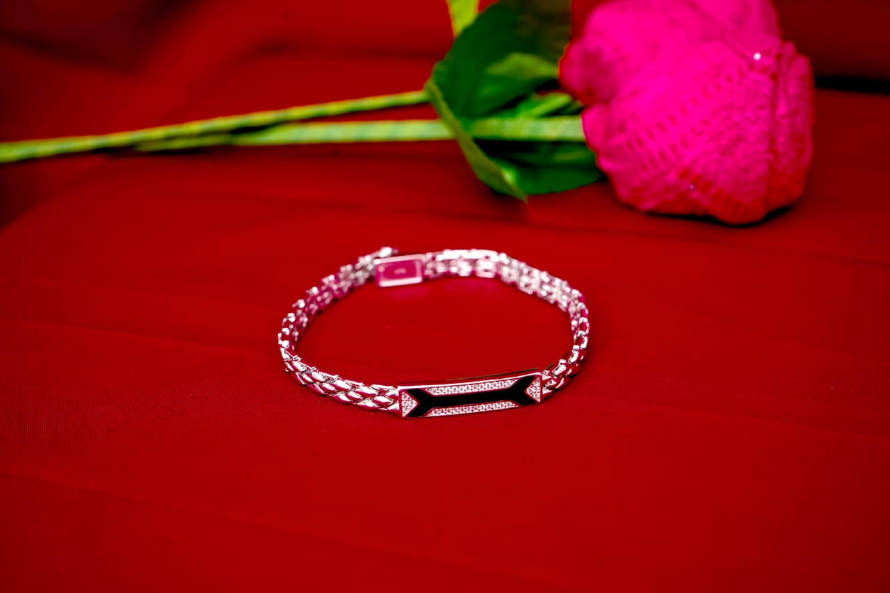Black Stone ID Link Silver Bracelet-925 Sterling Silver-ERAYA Jewellery