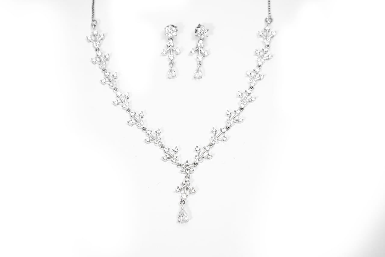 Crystal Leaf Necklace Set-925 Sterling Silver-ERAYA Jewellery