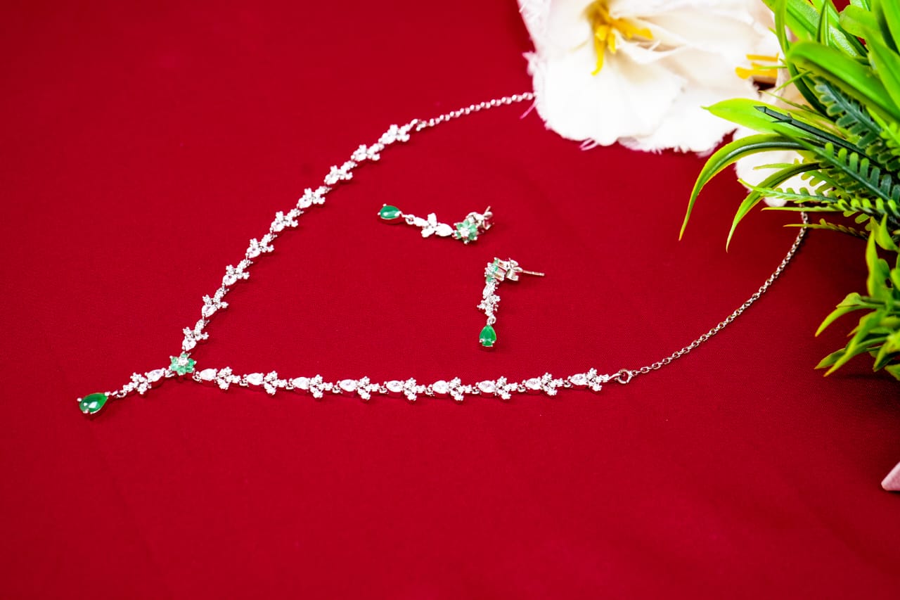 Green Stone Leaf Necklace-925 Sterling Silver-ERAYA Jewellery