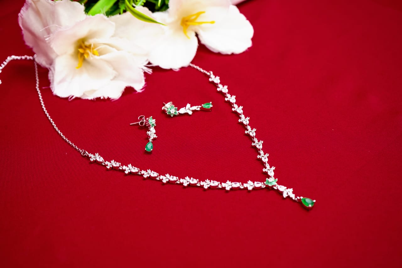 Green Stone Leaf Necklace-925 Sterling Silver-ERAYA Jewellery