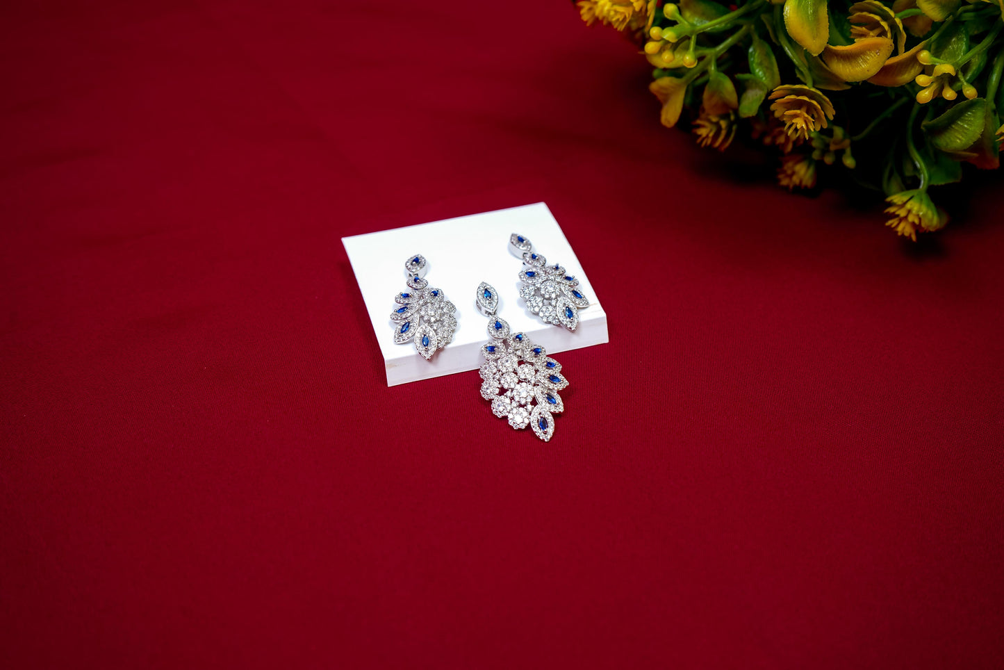Blue & White Floral Pendant Set-925 Sterling Silver-ERAYA Jewellery