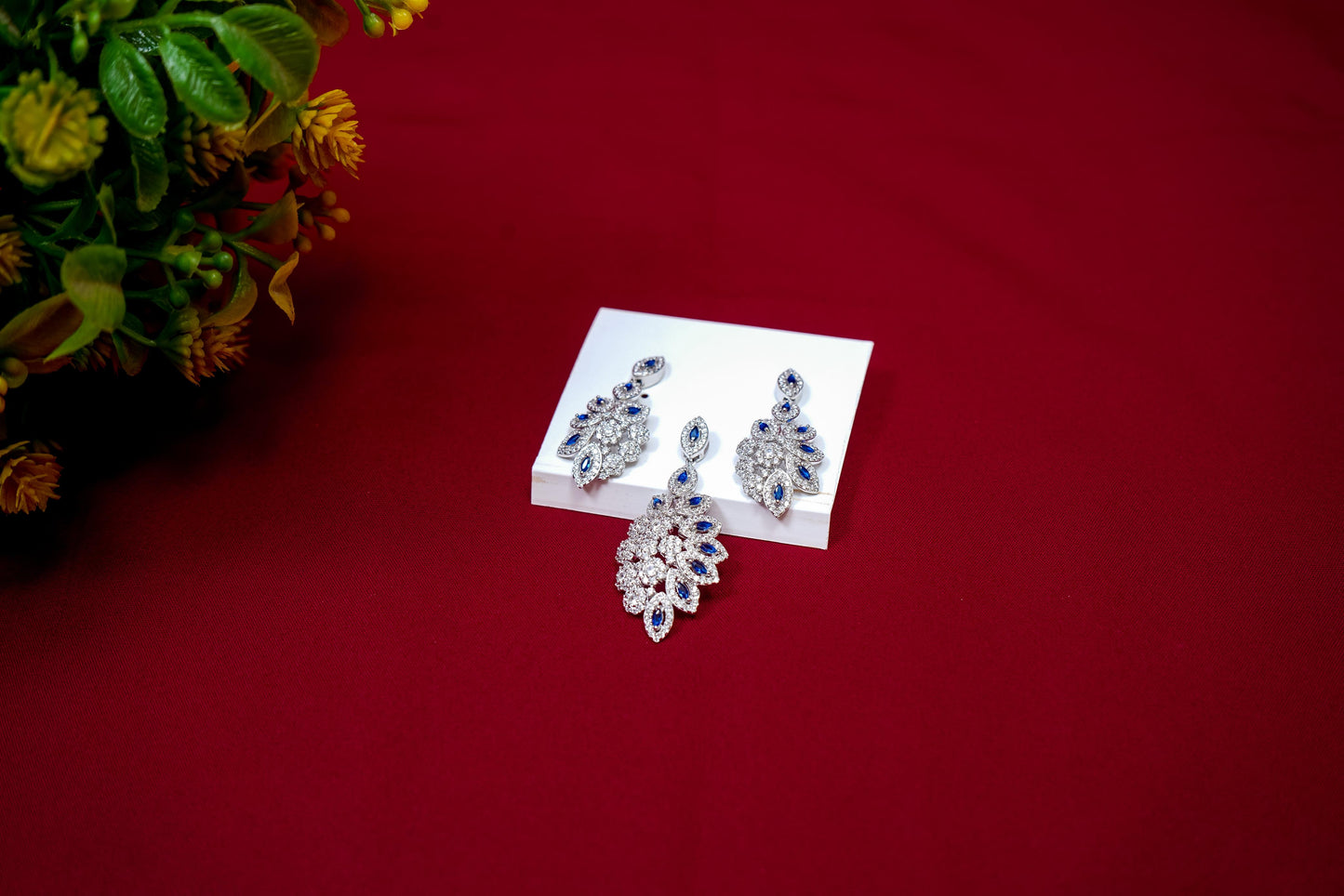 Blue & White Floral Pendant Set-925 Sterling Silver-ERAYA Jewellery