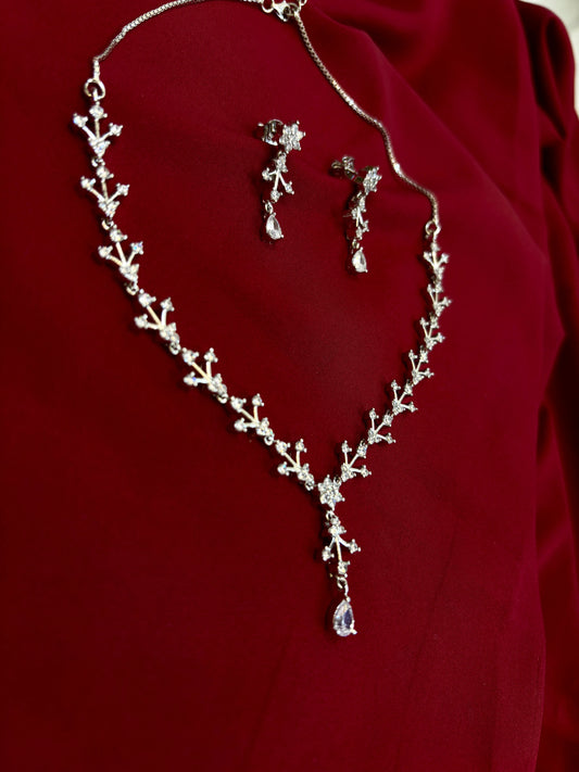 Crystal Leaf Necklace Set-925 Sterling Silver-ERAYA Jewellery